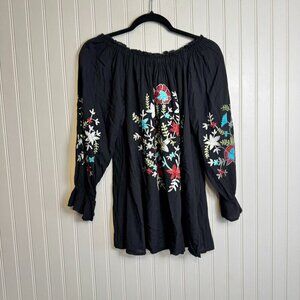A&A Black Embroidered Peasant Style Top On Or Off Shoulder I33